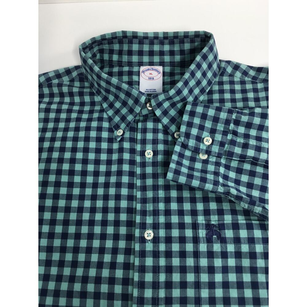 Brooks Brothers Mens XL Green Check Button Down Shirt Cotton Long Sleeve Casual